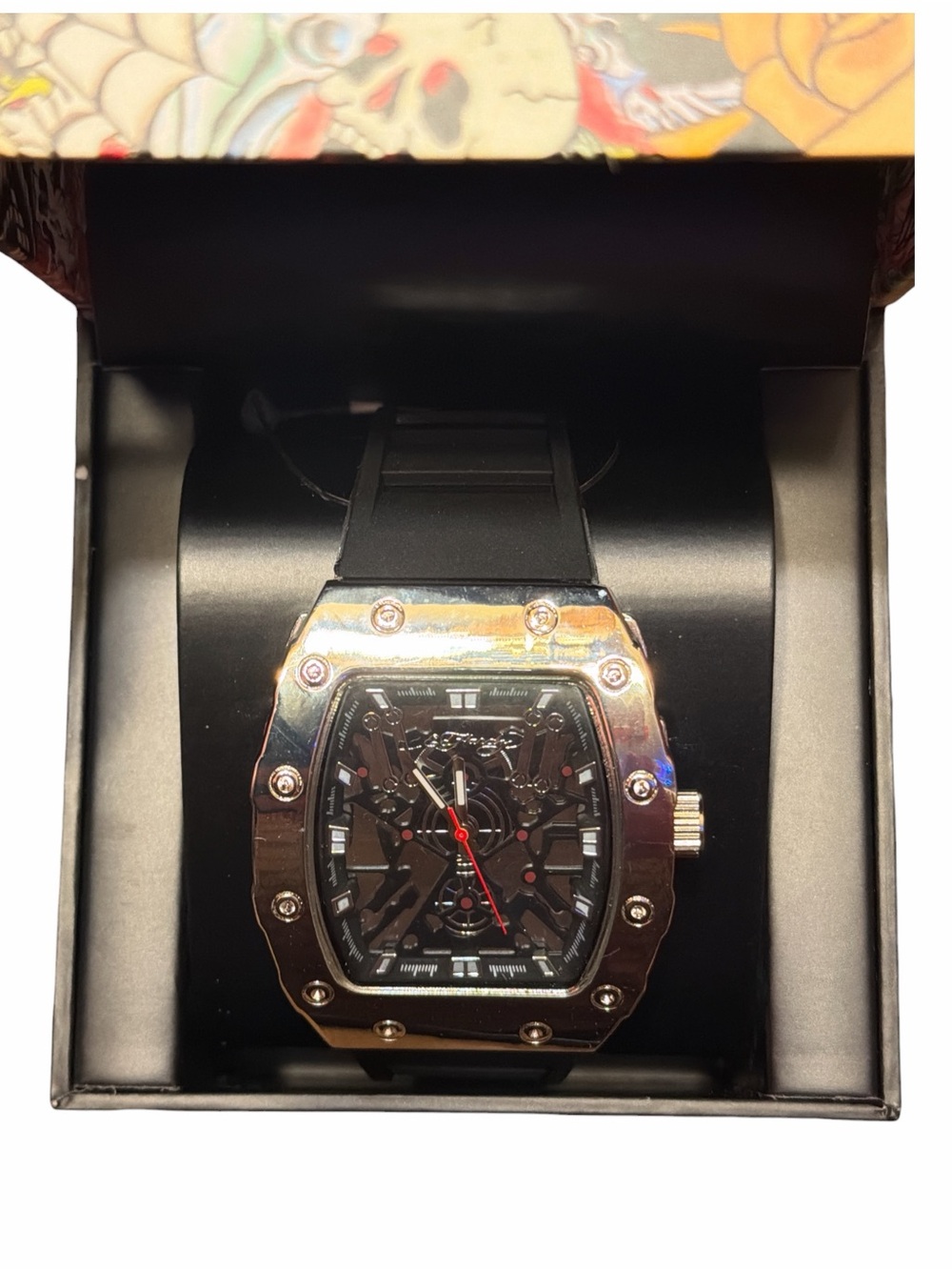 NIB Ed Hardy Tonneau Black & Silver Watch